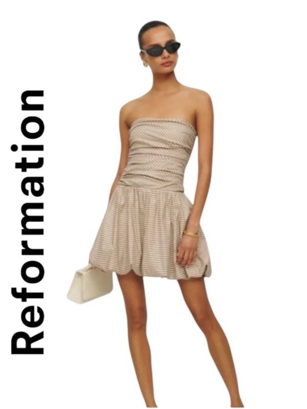 Reformation Clea Gingham Strapless Bubble-Hem Mini Dress Size 12 NWT